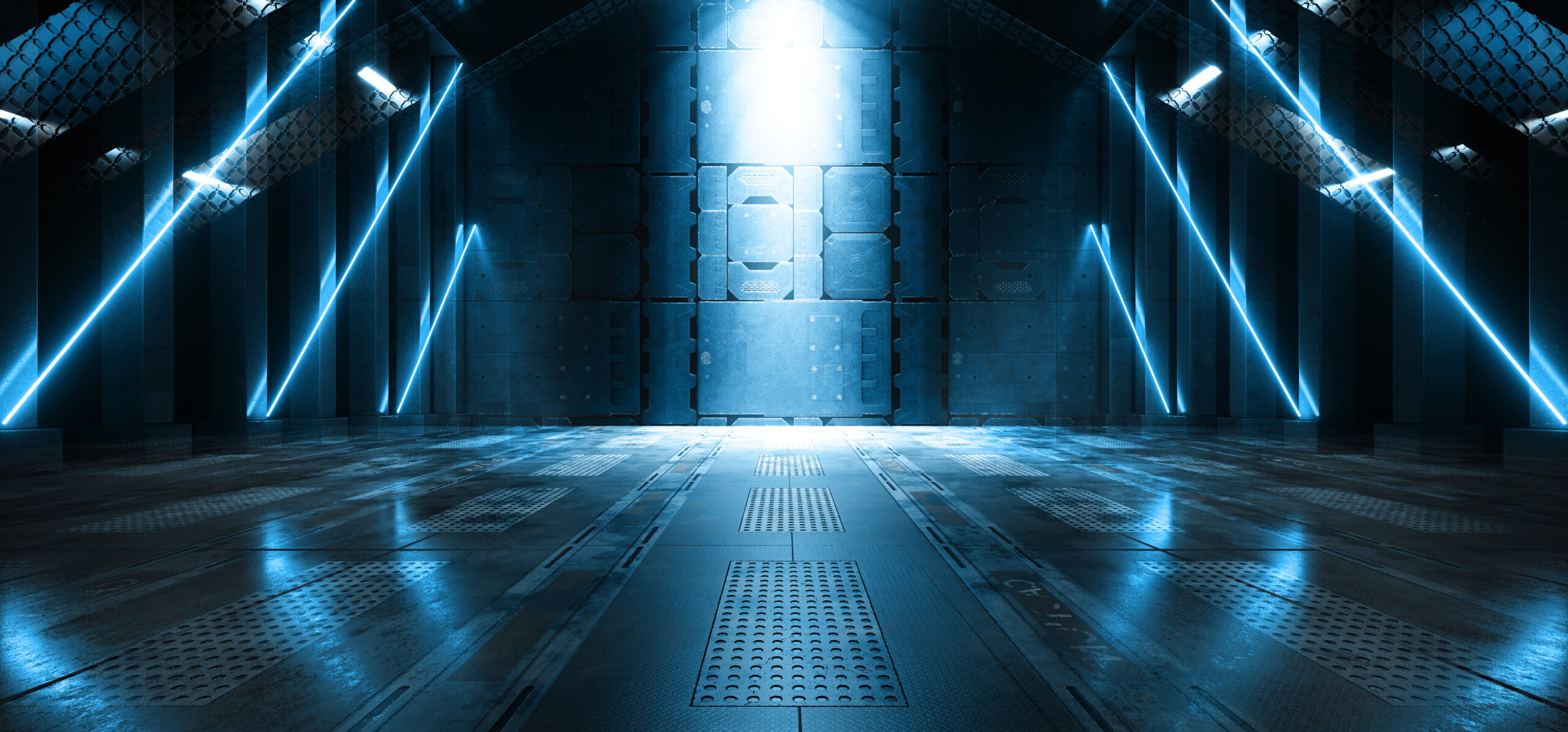 Sci Fi Futuristic Spaceship Warehouse Alien Tunnel Corridor Hangar Bunker Shelter Glossy Metal Panels Cyber Blue Neon Glowing Lights 3D Rendering Illustration